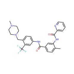 Cc1ccc(C(=O)Nc2ccc(CN3CCN(C)CC3)c(C(F)(F)F)c2)cc1NC(=O)c1ccccn1 ZINC000169311229