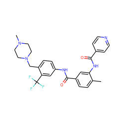 Cc1ccc(C(=O)Nc2ccc(CN3CCN(C)CC3)c(C(F)(F)F)c2)cc1NC(=O)c1ccncc1 ZINC000169311233