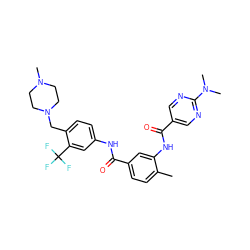 Cc1ccc(C(=O)Nc2ccc(CN3CCN(C)CC3)c(C(F)(F)F)c2)cc1NC(=O)c1cnc(N(C)C)nc1 ZINC000169311254