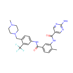 Cc1ccc(C(=O)Nc2ccc(CN3CCN(C)CC3)c(C(F)(F)F)c2)cc1NC(=O)c1cnc(N)nc1 ZINC000169311238