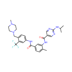 Cc1ccc(C(=O)Nc2ccc(CN3CCN(C)CC3)c(C(F)(F)F)c2)cc1NC(=O)c1cnc(NC(C)C)nc1 ZINC000169311248