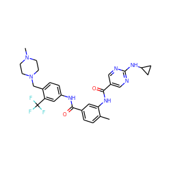 Cc1ccc(C(=O)Nc2ccc(CN3CCN(C)CC3)c(C(F)(F)F)c2)cc1NC(=O)c1cnc(NC2CC2)nc1 ZINC000169311250