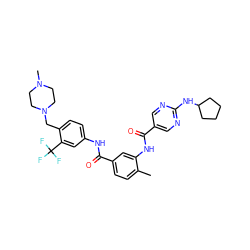 Cc1ccc(C(=O)Nc2ccc(CN3CCN(C)CC3)c(C(F)(F)F)c2)cc1NC(=O)c1cnc(NC2CCCC2)nc1 ZINC000169311251