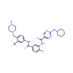 Cc1ccc(C(=O)Nc2ccc(CN3CCN(C)CC3)c(C(F)(F)F)c2)cc1NC(=O)c1cnc(NC2CCCCC2)nc1 ZINC000169311252