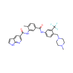 Cc1ccc(C(=O)Nc2ccc(CN3CCN(C)CC3)c(C(F)(F)F)c2)cc1NC(=O)c1cnc2[nH]ccc2c1 ZINC000140118811