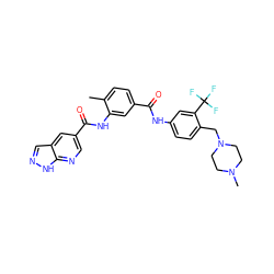 Cc1ccc(C(=O)Nc2ccc(CN3CCN(C)CC3)c(C(F)(F)F)c2)cc1NC(=O)c1cnc2[nH]ncc2c1 ZINC000169311255