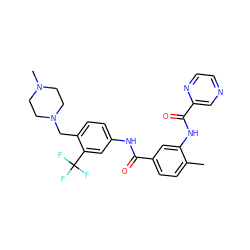 Cc1ccc(C(=O)Nc2ccc(CN3CCN(C)CC3)c(C(F)(F)F)c2)cc1NC(=O)c1cnccn1 ZINC000169311236