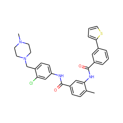 Cc1ccc(C(=O)Nc2ccc(CN3CCN(C)CC3)c(Cl)c2)cc1NC(=O)c1cccc(-c2cccs2)c1 ZINC001772656655