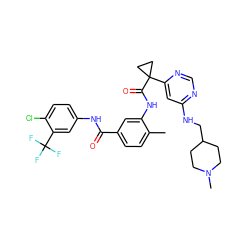 Cc1ccc(C(=O)Nc2ccc(Cl)c(C(F)(F)F)c2)cc1NC(=O)C1(c2cc(NCC3CCN(C)CC3)ncn2)CC1 ZINC001772586031