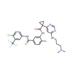 Cc1ccc(C(=O)Nc2ccc(Cl)c(C(F)(F)F)c2)cc1NC(=O)C1(c2cc(NCCCN(C)C)ncn2)CC1 ZINC001772654090