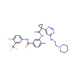 Cc1ccc(C(=O)Nc2ccc(Cl)c(C(F)(F)F)c2)cc1NC(=O)C1(c2cc(NCCN3CCCCC3)ncn2)CC1 ZINC001772598534