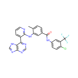 Cc1ccc(C(=O)Nc2ccc(Cl)c(C(F)(F)F)c2)cc1Nc1ncccc1-c1ncnc2nc[nH]c12 ZINC000215310394