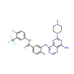 Cc1ccc(C(=O)Nc2ccc(Cl)c(C(F)(F)F)c2)cc1Nc1ncnc2c(N)nc(N3CCN(C)CC3)nc12 ZINC000148051766