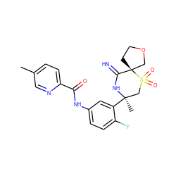 Cc1ccc(C(=O)Nc2ccc(F)c([C@]3(C)CS(=O)(=O)[C@]4(CCOC4)C(=N)N3)c2)nc1 ZINC000147258661