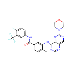 Cc1ccc(C(=O)Nc2ccc(F)c(C(F)(F)F)c2)cc1Nc1ncnc2cnc(N3CCOCC3)nc12 ZINC000148240671