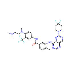 Cc1ccc(C(=O)Nc2ccc(N(C)CCN(C)C)c(C(F)(F)F)c2)cc1Nc1ncnc2cnc(N3CCC(F)(F)CC3)nc12 ZINC000165263624