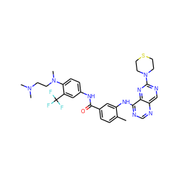 Cc1ccc(C(=O)Nc2ccc(N(C)CCN(C)C)c(C(F)(F)F)c2)cc1Nc1ncnc2cnc(N3CCSCC3)nc12 ZINC000148146104