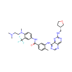 Cc1ccc(C(=O)Nc2ccc(N(C)CCN(C)C)c(C(F)(F)F)c2)cc1Nc1ncnc2cnc(NC[C@@H]3CCOC3)nc12 ZINC000148150193
