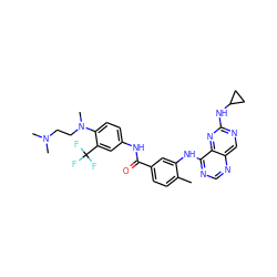 Cc1ccc(C(=O)Nc2ccc(N(C)CCN(C)C)c(C(F)(F)F)c2)cc1Nc1ncnc2cnc(NC3CC3)nc12 ZINC000148154613