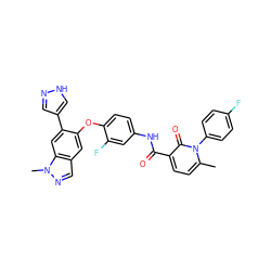 Cc1ccc(C(=O)Nc2ccc(Oc3cc4cnn(C)c4cc3-c3cn[nH]c3)c(F)c2)c(=O)n1-c1ccc(F)cc1 ZINC000095926668