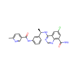 Cc1ccc(C(=O)Nc2cccc([C@@H](C)Nc3ncnc4c(C(N)=O)cc(Cl)cc34)c2)cn1 ZINC000114348765