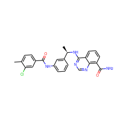 Cc1ccc(C(=O)Nc2cccc([C@@H](C)Nc3ncnc4c(C(N)=O)cccc34)c2)cc1Cl ZINC000114344511