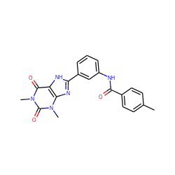 Cc1ccc(C(=O)Nc2cccc(-c3nc4c([nH]3)c(=O)n(C)c(=O)n4C)c2)cc1 ZINC000073198709