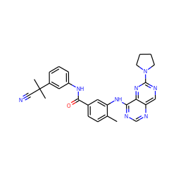 Cc1ccc(C(=O)Nc2cccc(C(C)(C)C#N)c2)cc1Nc1ncnc2cnc(N3CCCC3)nc12 ZINC000148227317