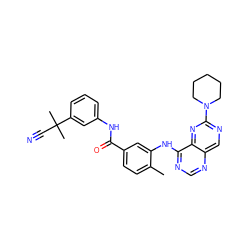 Cc1ccc(C(=O)Nc2cccc(C(C)(C)C#N)c2)cc1Nc1ncnc2cnc(N3CCCCC3)nc12 ZINC000148198744
