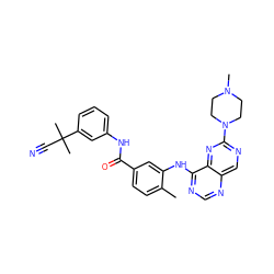 Cc1ccc(C(=O)Nc2cccc(C(C)(C)C#N)c2)cc1Nc1ncnc2cnc(N3CCN(C)CC3)nc12 ZINC000148238059