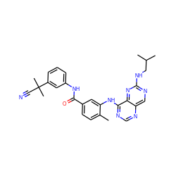 Cc1ccc(C(=O)Nc2cccc(C(C)(C)C#N)c2)cc1Nc1ncnc2cnc(NCC(C)C)nc12 ZINC000148339474