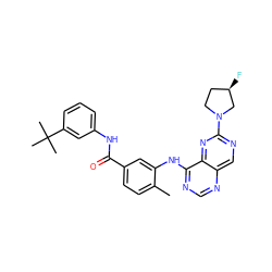 Cc1ccc(C(=O)Nc2cccc(C(C)(C)C)c2)cc1Nc1ncnc2cnc(N3CC[C@@H](F)C3)nc12 ZINC000148214523