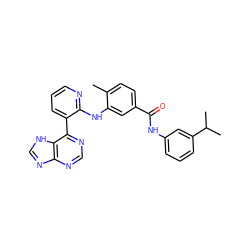 Cc1ccc(C(=O)Nc2cccc(C(C)C)c2)cc1Nc1ncccc1-c1ncnc2nc[nH]c12 ZINC000215310606