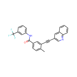 Cc1ccc(C(=O)Nc2cccc(C(F)(F)F)c2)cc1C#Cc1cnc2ccccc2c1 ZINC000014957187