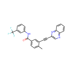 Cc1ccc(C(=O)Nc2cccc(C(F)(F)F)c2)cc1C#Cc1cnc2ccccc2n1 ZINC000014957191