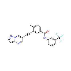 Cc1ccc(C(=O)Nc2cccc(C(F)(F)F)c2)cc1C#Cc1cnc2ccnn2c1 ZINC000095590354