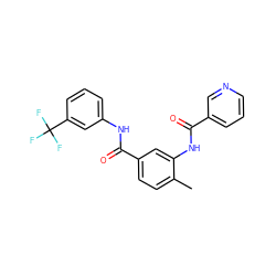 Cc1ccc(C(=O)Nc2cccc(C(F)(F)F)c2)cc1NC(=O)c1cccnc1 ZINC000040860476