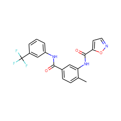 Cc1ccc(C(=O)Nc2cccc(C(F)(F)F)c2)cc1NC(=O)c1ccno1 ZINC000013682484