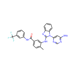 Cc1ccc(C(=O)Nc2cccc(C(F)(F)F)c2)cc1Nc1nc2ccccc2n1-c1cc(N)ncn1 ZINC000034804045