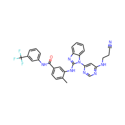 Cc1ccc(C(=O)Nc2cccc(C(F)(F)F)c2)cc1Nc1nc2ccccc2n1-c1cc(NCCC#N)ncn1 ZINC000049777800