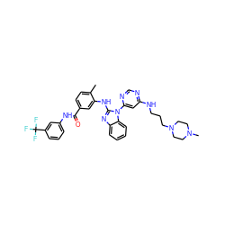 Cc1ccc(C(=O)Nc2cccc(C(F)(F)F)c2)cc1Nc1nc2ccccc2n1-c1cc(NCCCN2CCN(C)CC2)ncn1 ZINC000049775547