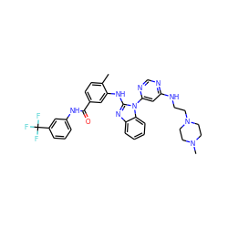 Cc1ccc(C(=O)Nc2cccc(C(F)(F)F)c2)cc1Nc1nc2ccccc2n1-c1cc(NCCN2CCN(C)CC2)ncn1 ZINC000049777799