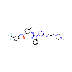 Cc1ccc(C(=O)Nc2cccc(C(F)(F)F)c2)cc1Nc1nc2ccccc2n1-c1ncnc(NCCCN2CCN(C)CC2)n1 ZINC000049775200