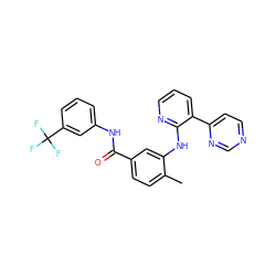 Cc1ccc(C(=O)Nc2cccc(C(F)(F)F)c2)cc1Nc1ncccc1-c1ccncn1 ZINC000014957195