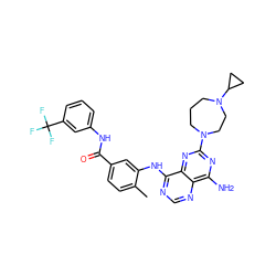 Cc1ccc(C(=O)Nc2cccc(C(F)(F)F)c2)cc1Nc1ncnc2c(N)nc(N3CCCN(C4CC4)CC3)nc12 ZINC000148046846