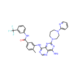 Cc1ccc(C(=O)Nc2cccc(C(F)(F)F)c2)cc1Nc1ncnc2c(N)nc(N3CCCN(c4ccccn4)CC3)nc12 ZINC000148050149