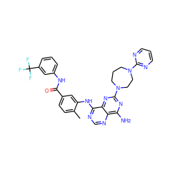 Cc1ccc(C(=O)Nc2cccc(C(F)(F)F)c2)cc1Nc1ncnc2c(N)nc(N3CCCN(c4ncccn4)CC3)nc12 ZINC000148049194