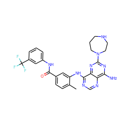 Cc1ccc(C(=O)Nc2cccc(C(F)(F)F)c2)cc1Nc1ncnc2c(N)nc(N3CCCNCC3)nc12 ZINC000148047096