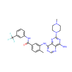 Cc1ccc(C(=O)Nc2cccc(C(F)(F)F)c2)cc1Nc1ncnc2c(N)nc(N3CCN(C)CC3)nc12 ZINC000068198104