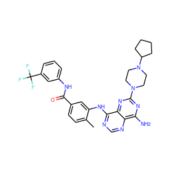 Cc1ccc(C(=O)Nc2cccc(C(F)(F)F)c2)cc1Nc1ncnc2c(N)nc(N3CCN(C4CCCC4)CC3)nc12 ZINC000140593415